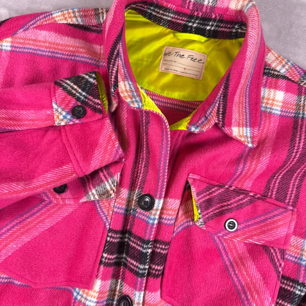 We The Free Pink Plaid Oversized Shacket Shirt Jacket Neon Lined Womens Large